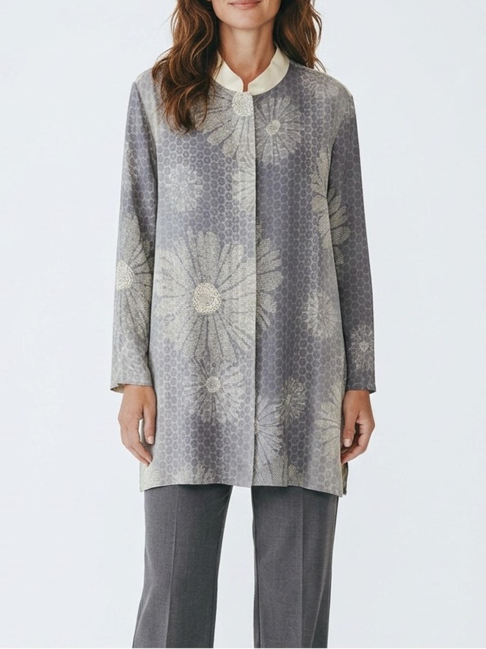 Harari Venus Mandarin Blouse 100% Silk Grey & Cream Floral size 2X NWT